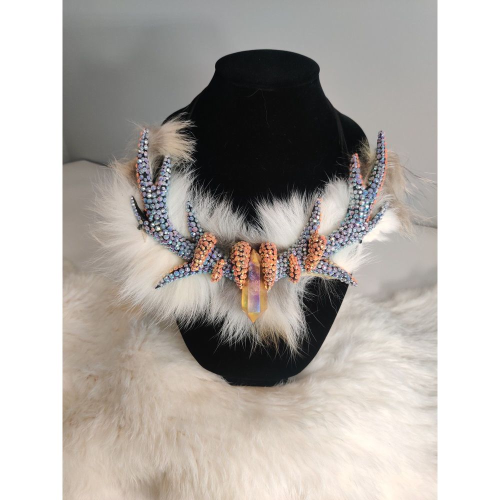 Tangerine Orange Aura Angel Clear Quartz Deer Antler Necklace w Fox Fur